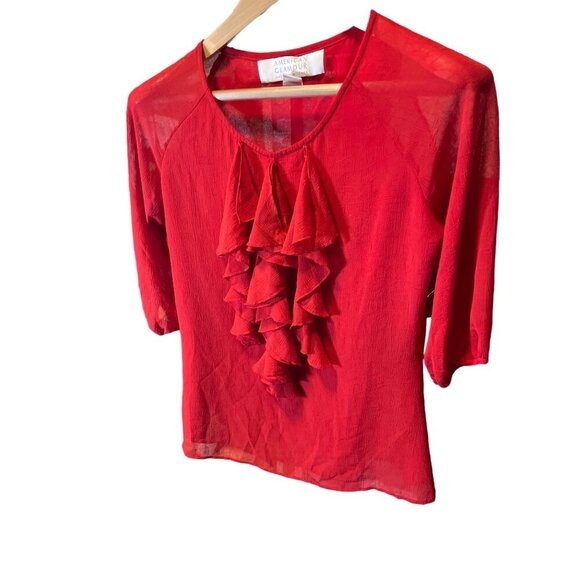 American Glamour Badgley Mischka Red Romantic Ruffle Puff Sleeve Top Sz S - Picture 3 of 8